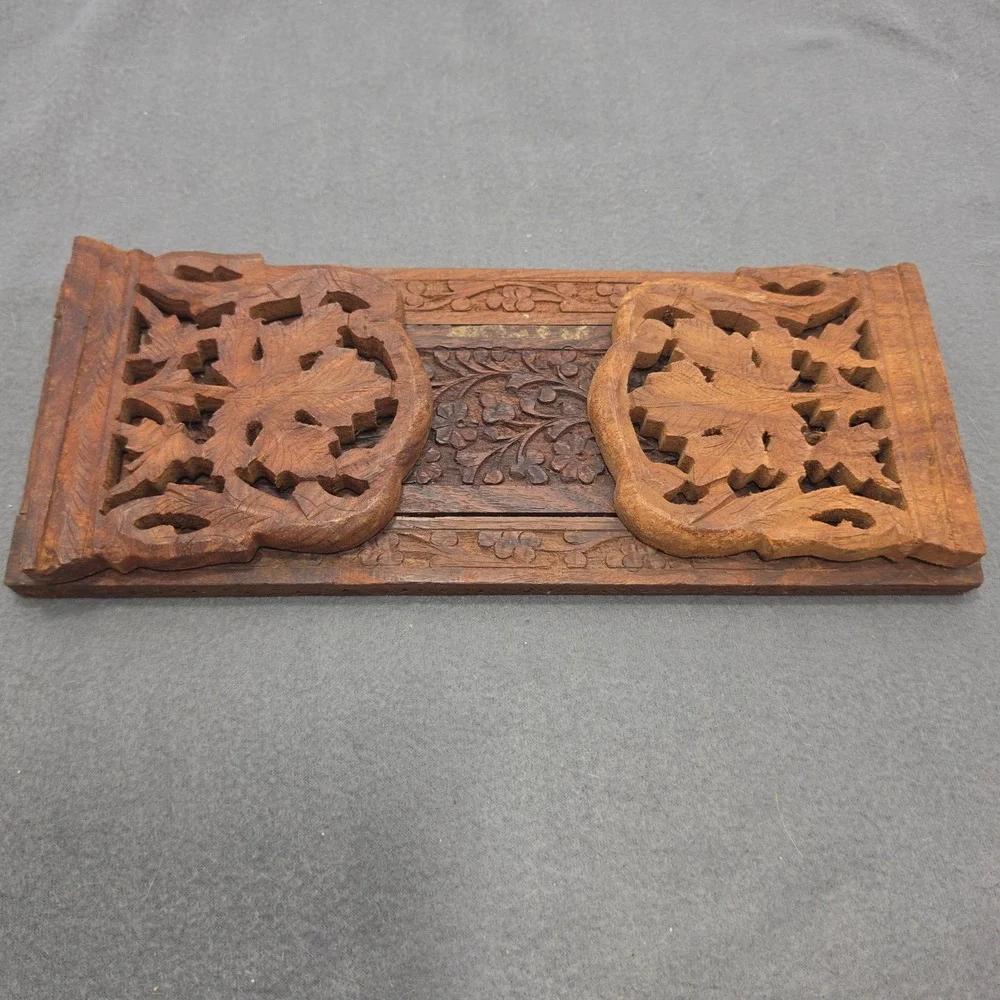 Vintage Hand Carved Floral Wood Book Slide Expandable Folding Desk Bookends B
